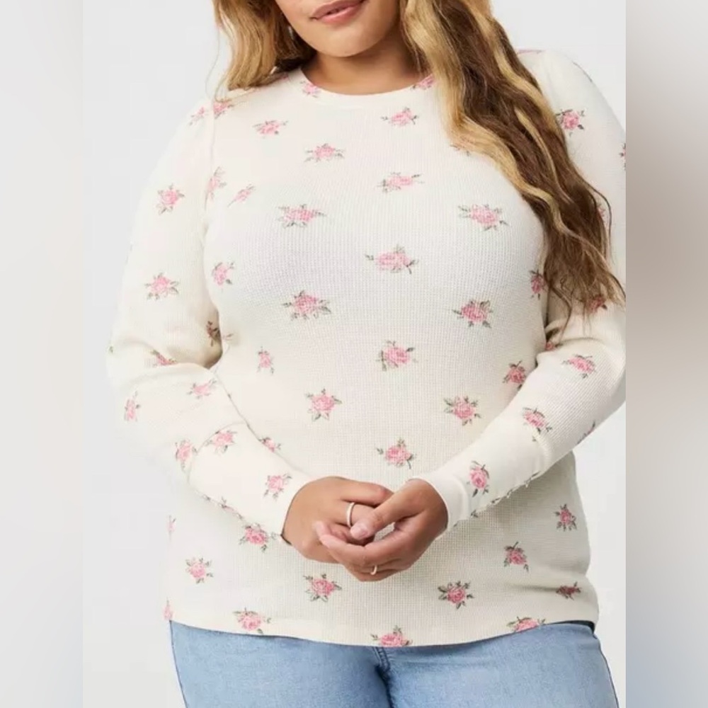 Torrid Floral Vintage Inspired Thermal Crew Puff Sleeve Top Feminine Elegant 3X - Picture 2 of 15